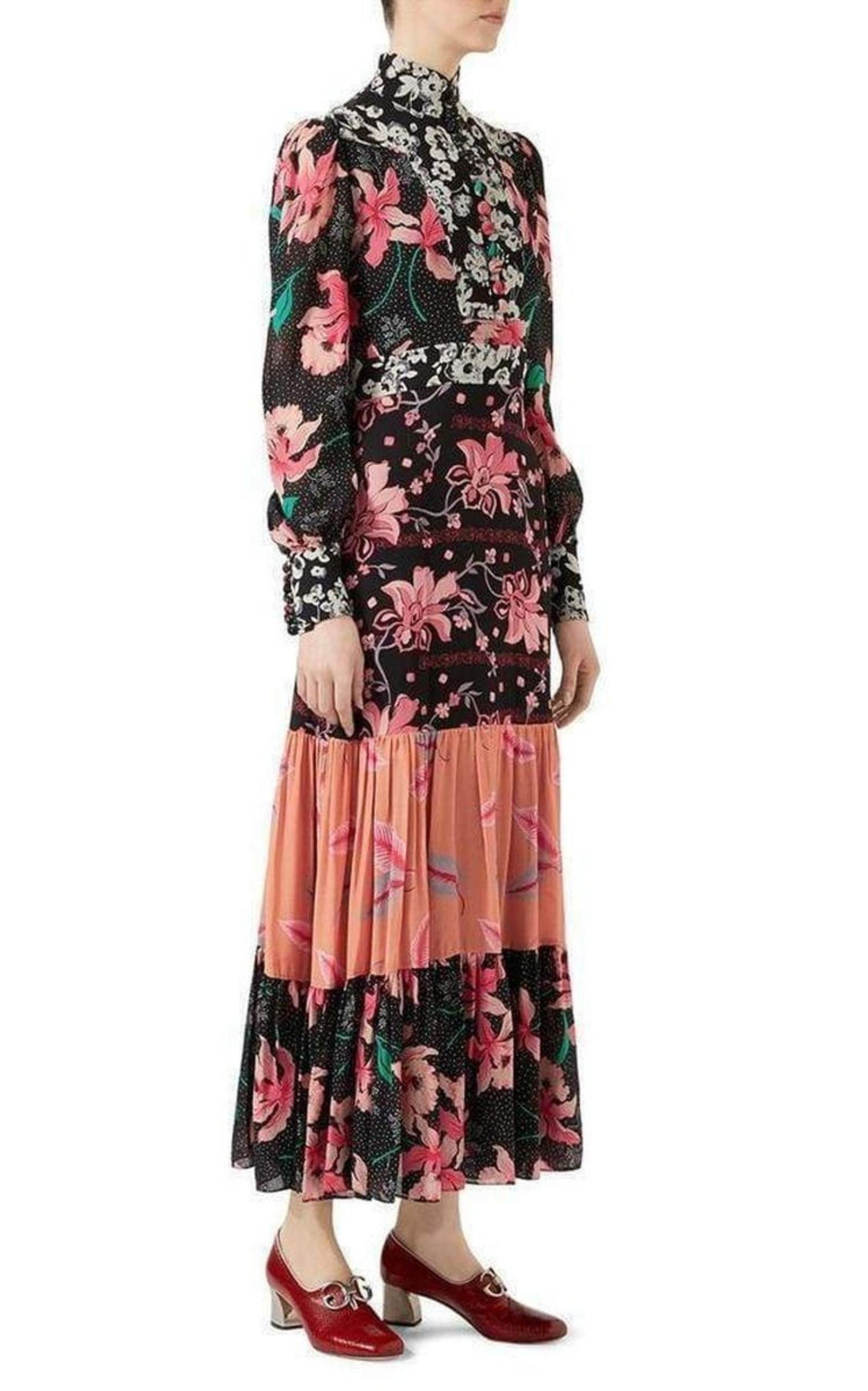 Floral Patchwork-Print Stand-Collar Crepe Dress Gucci