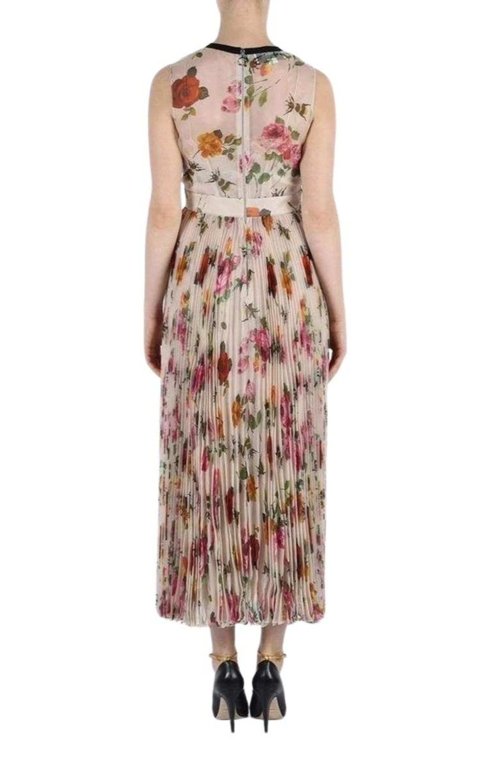 Floral Patterned Pleated Silk Dress Gucci