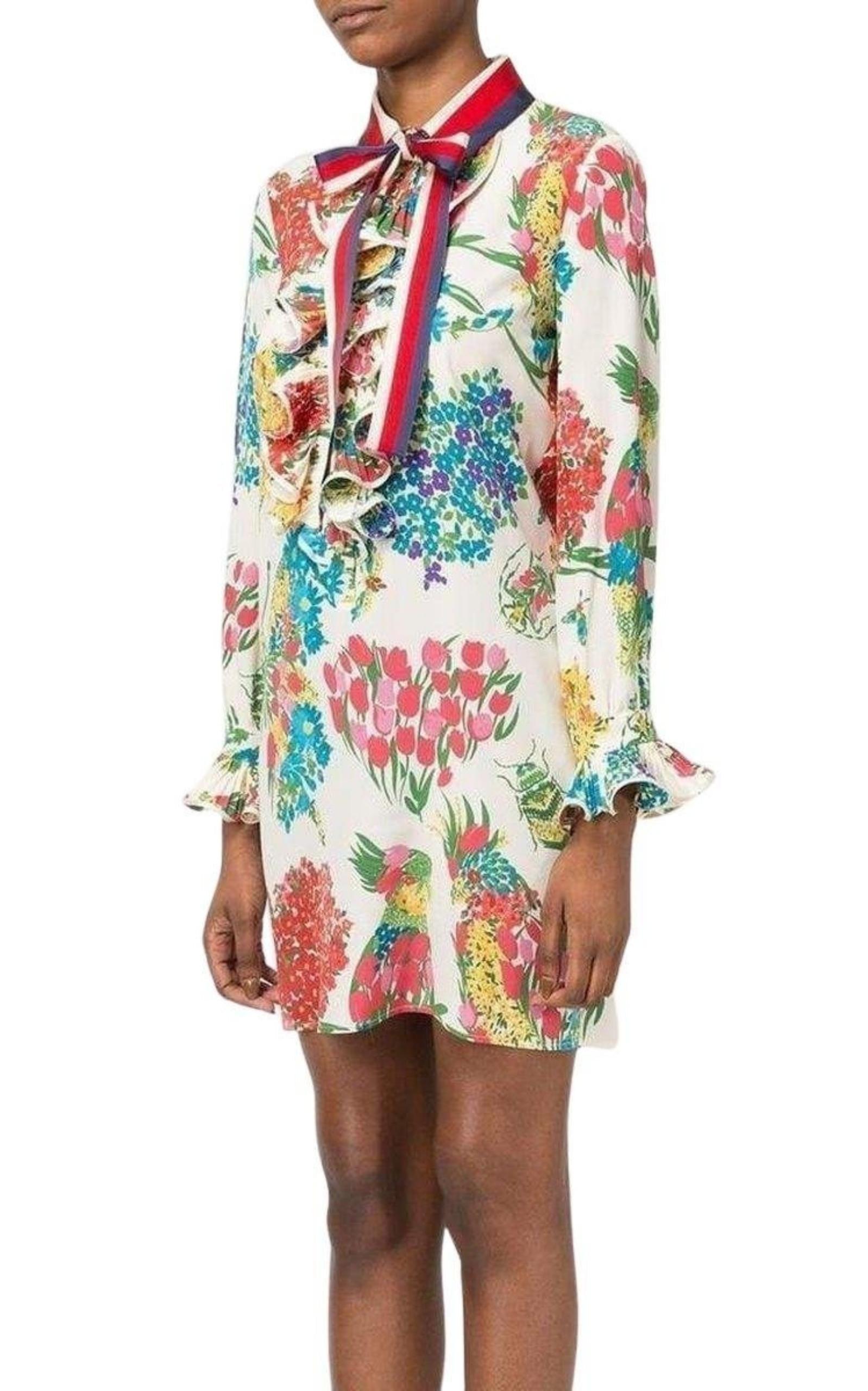 Floral Print Ruffle Trim Shirt Dress Gucci