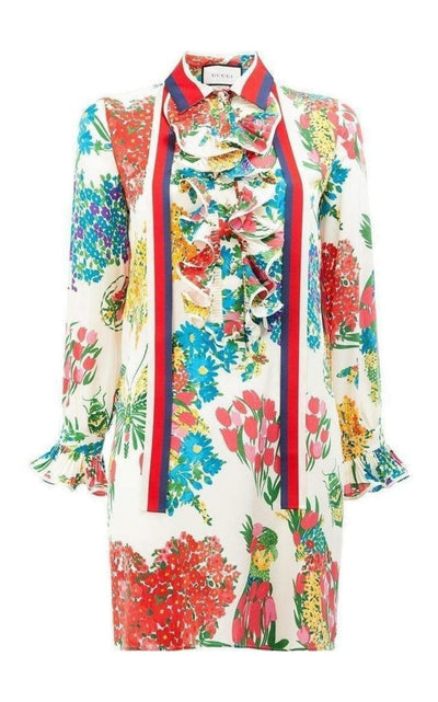 Gucci Floral Print Ruffle Trim Shirt Dress - Runway Catalog