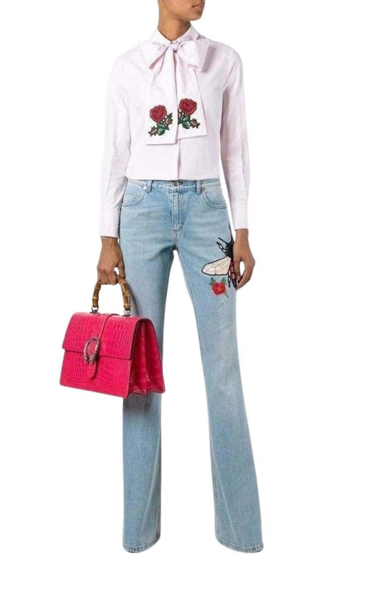 Fly Embroidered Flared Cotton Jeans Gucci