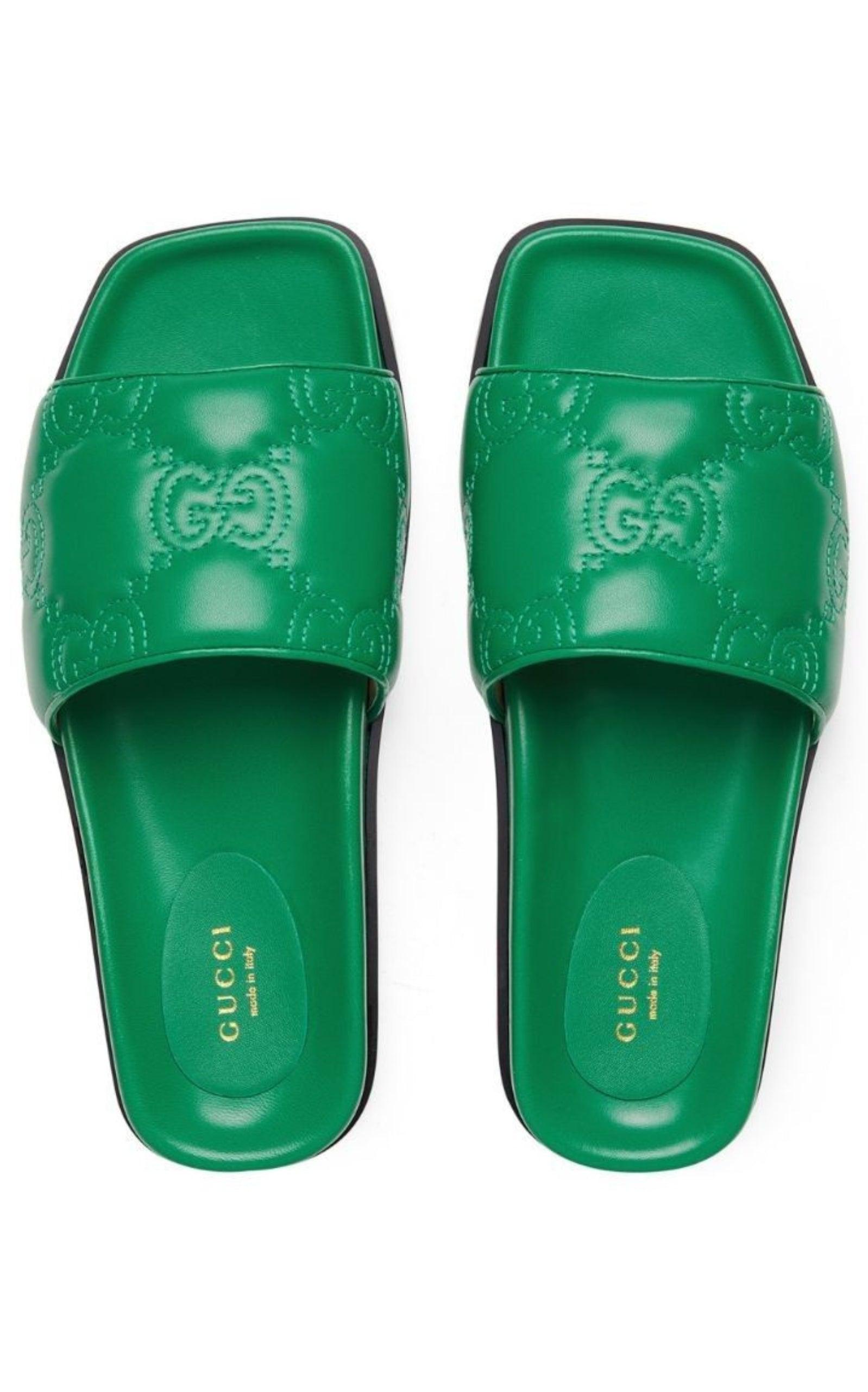 Gg Matelassé Slide Sandal In Green Gucci