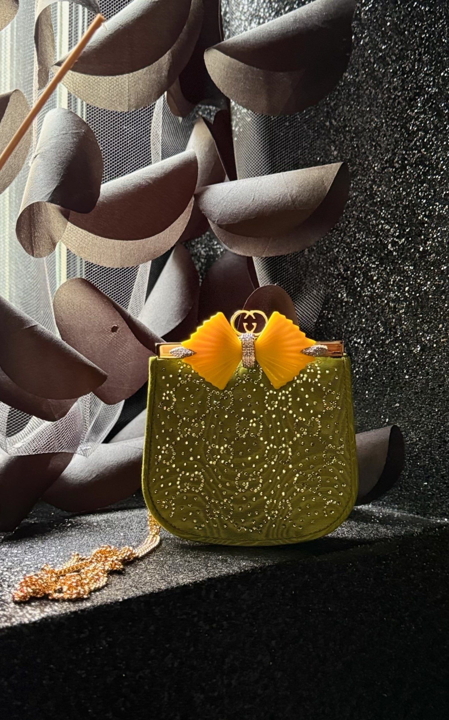 Gucci GG Moire Fabric Handbag with Bow and Crystals Runway Catalog