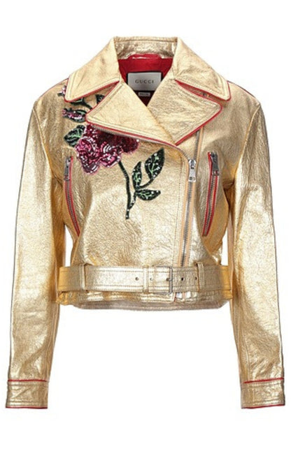 Gold Leather Short Biker Jacket Gucci