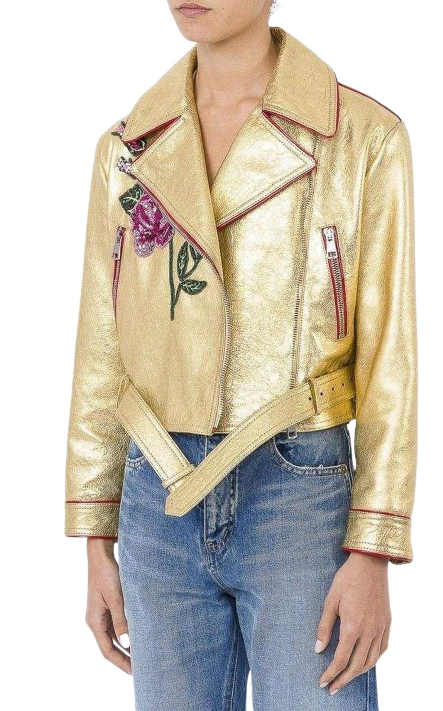 Gold Leather Short Biker Jacket Gucci