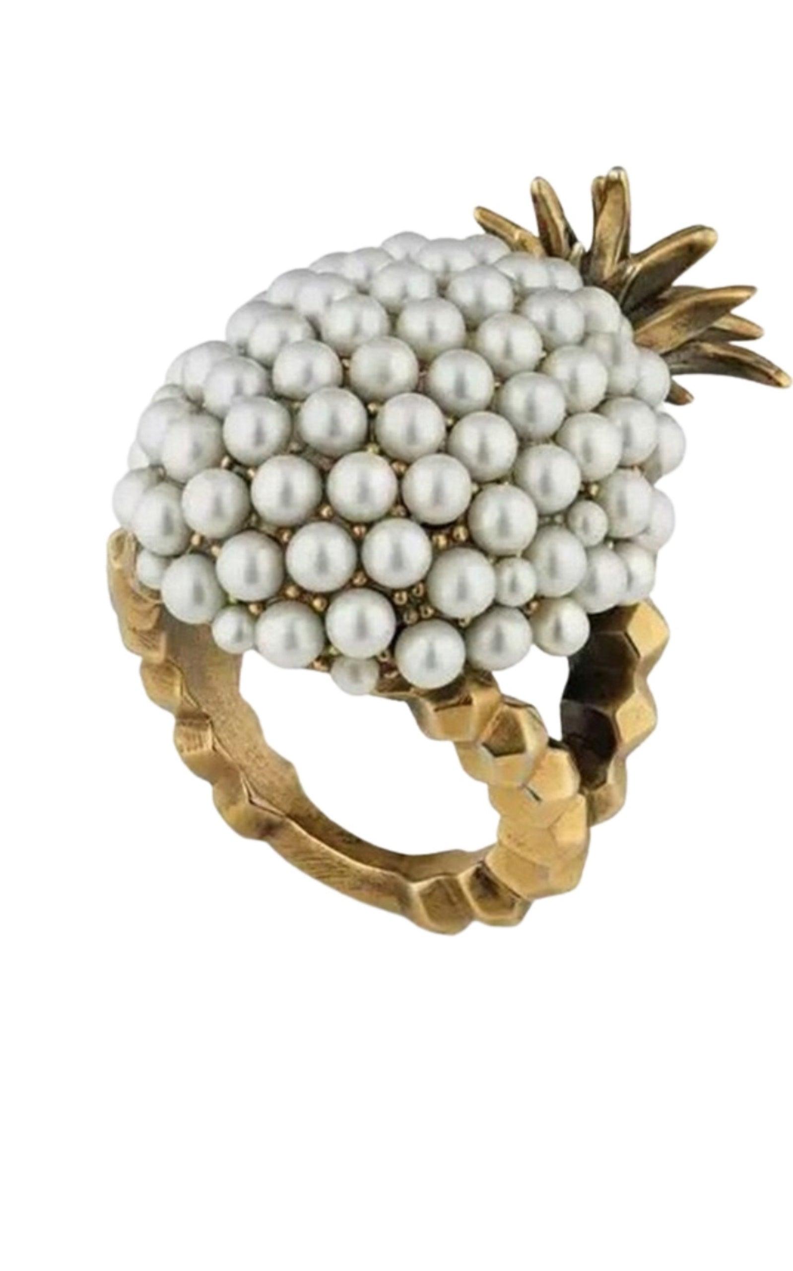 Gold Pearl Pineapple Ring Gucci