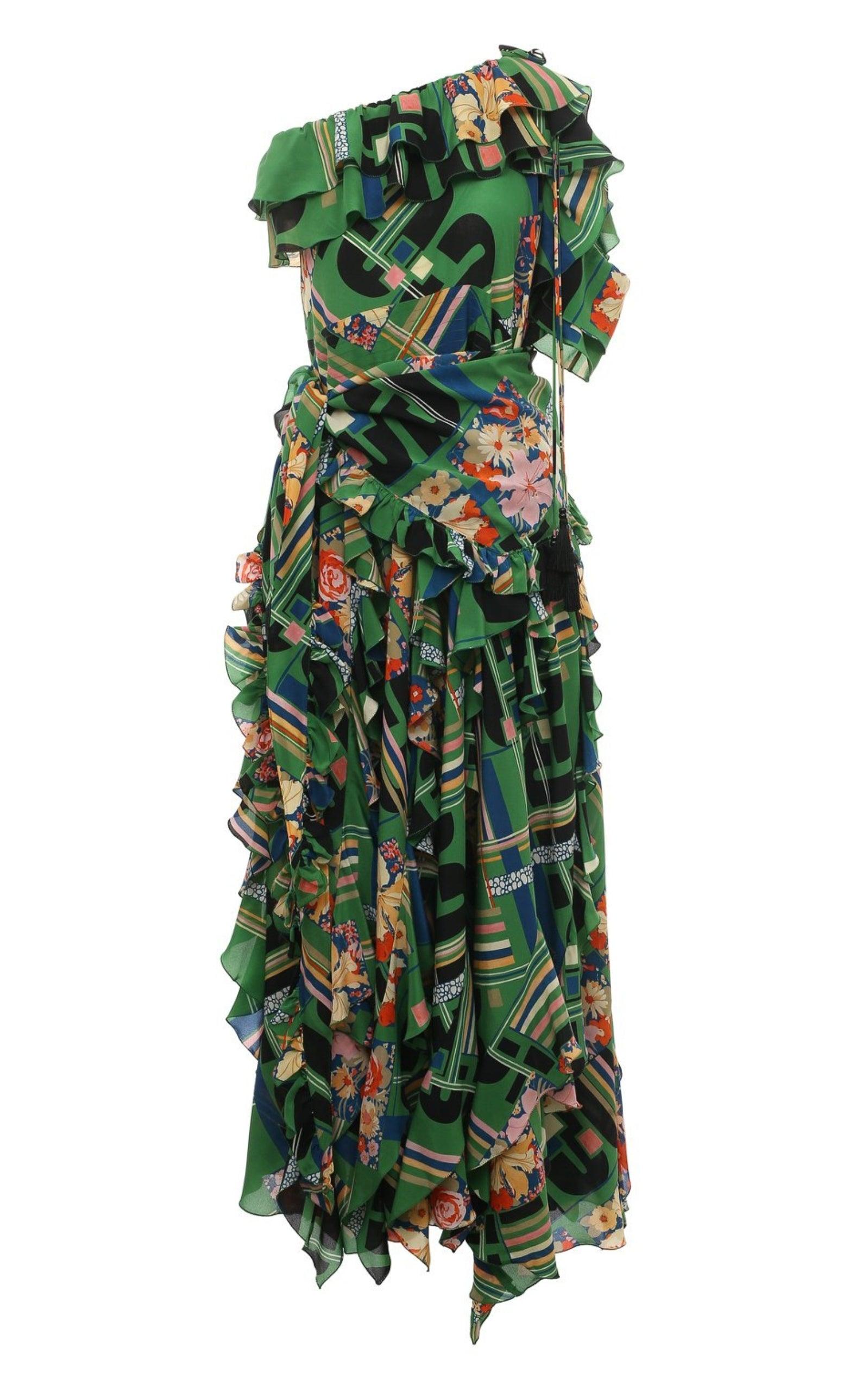 Green Floral Check-Print Ruffled Silk Gown Gucci