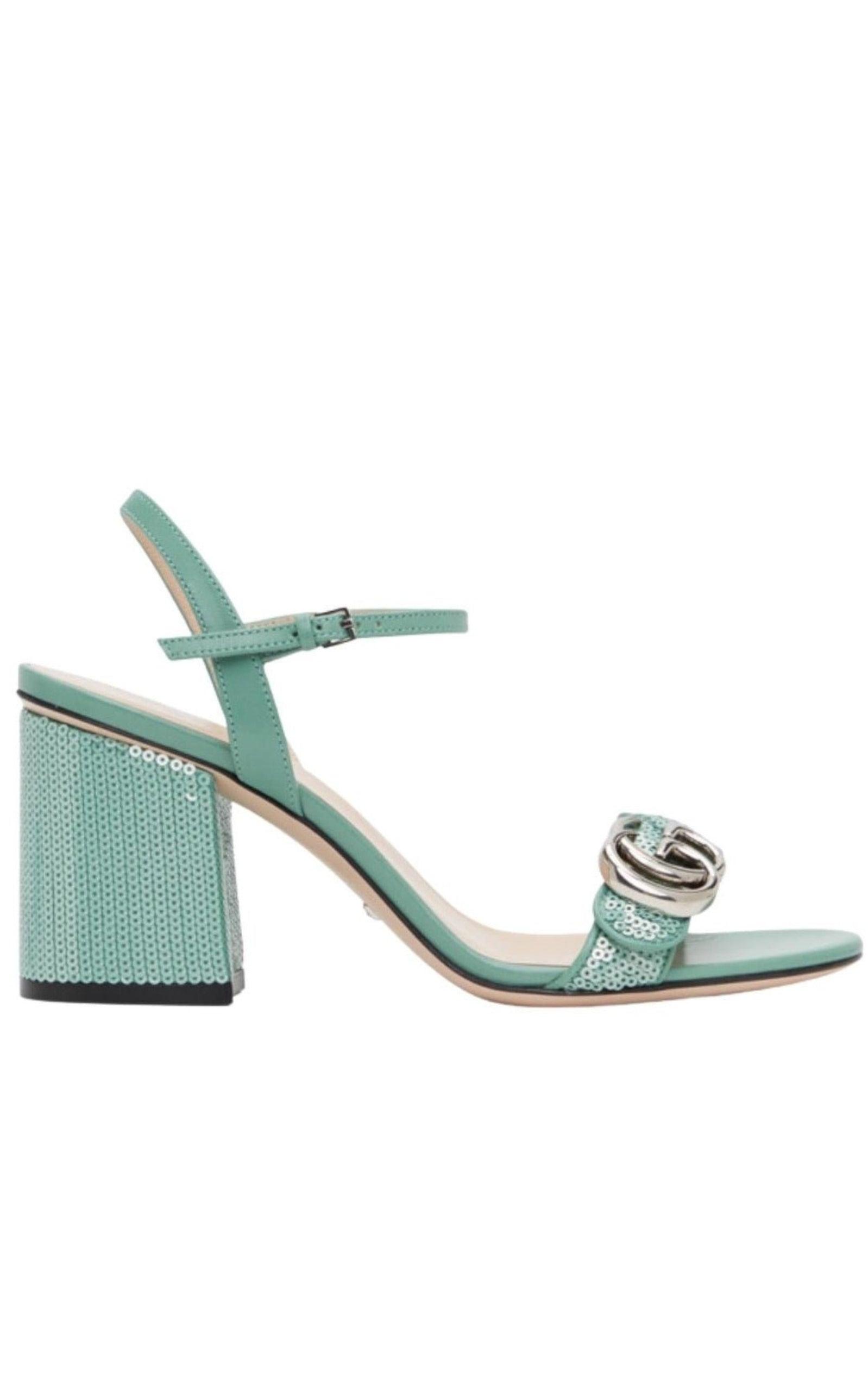 Green Sequin GG Marmont Mid Heeled Sandals Gucci