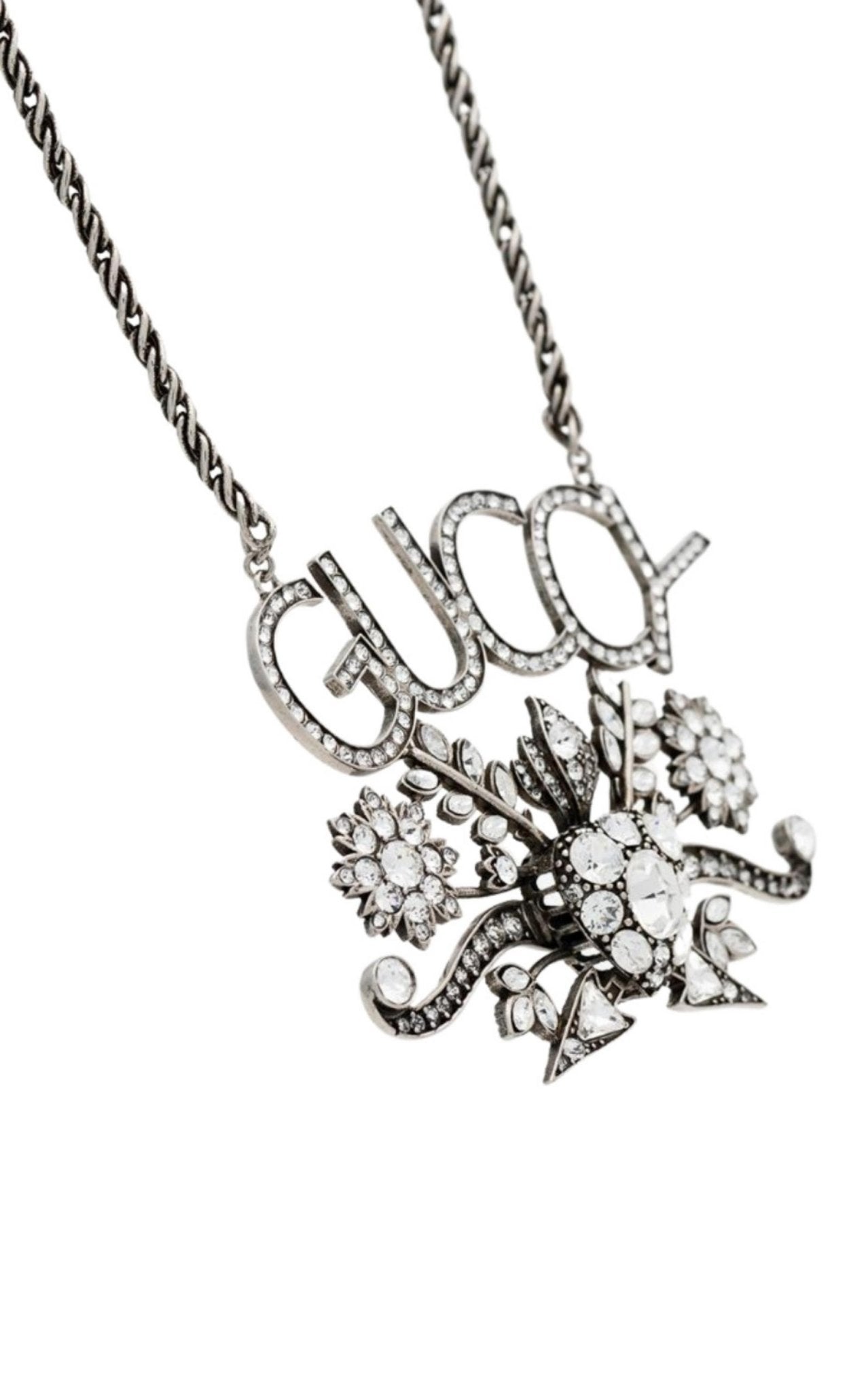 Gucci “GUCCY” Crystal Necklace in Silver - Runway Catalog