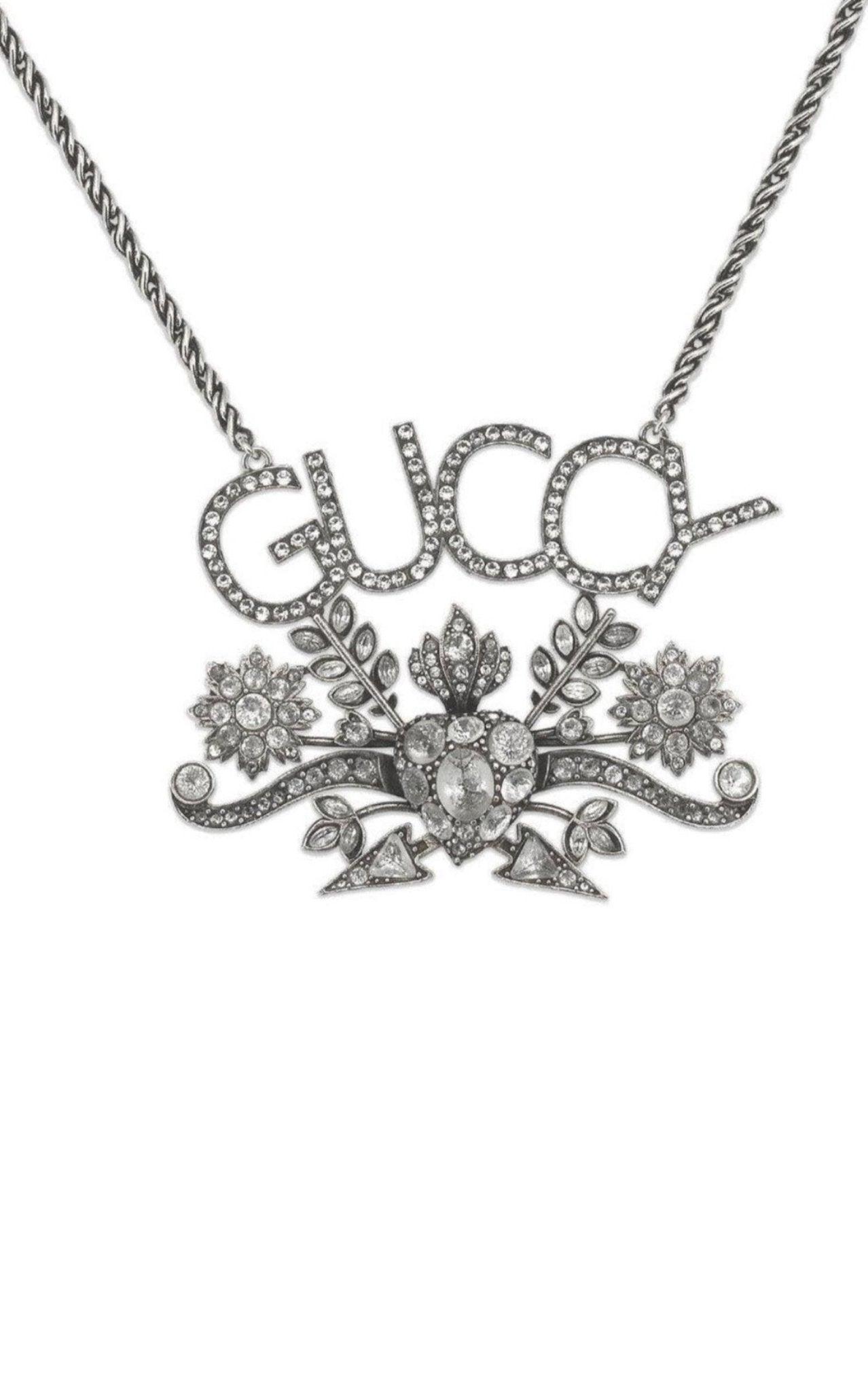 Gucci “GUCCY” Crystal Necklace in Silver - Runway Catalog