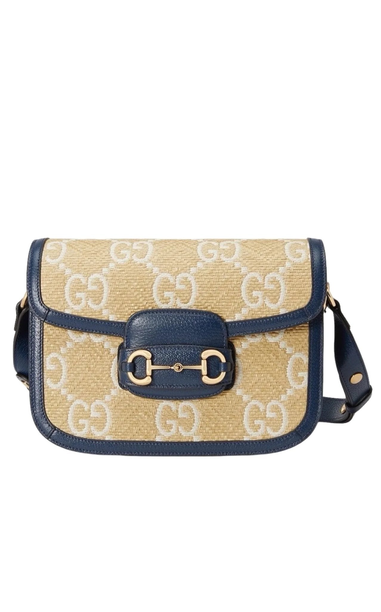 Gucci Horsebit 1955 Blue Raffia Shoulder Bag - Runway Catalog