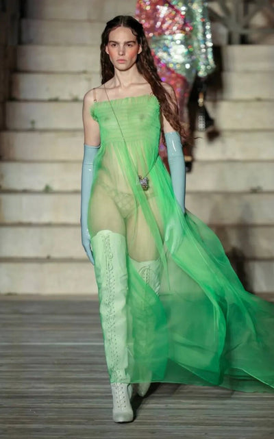 Gucci Kiwi Green Shirred Bodice Smocked Silk Gown - Runway Catalog