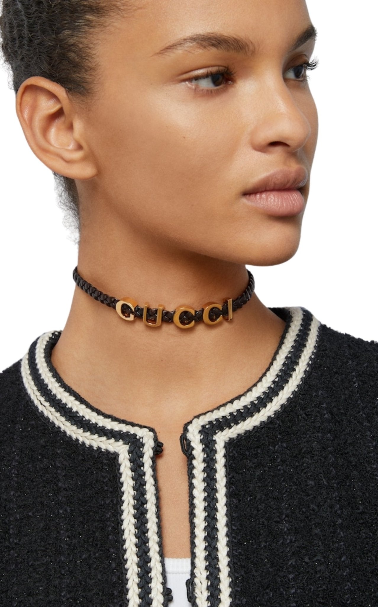Gucci leather choker necklace worn on model