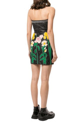 Leather Flower Intarsia Strapless Dress Gucci