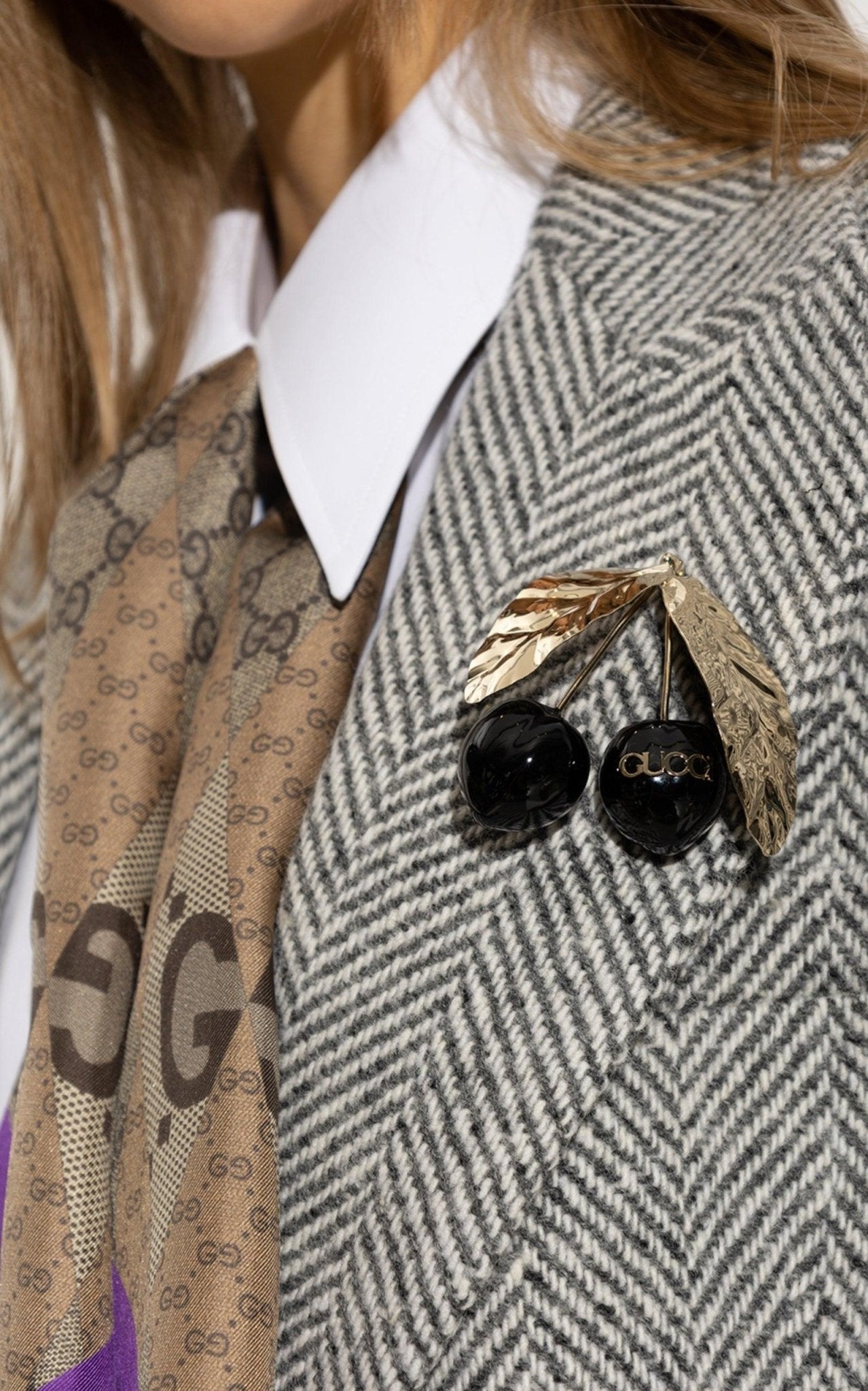 Gucci Logo - print Enamel Cherry Brooch - Runway Catalog