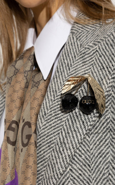 Gucci Logo - print Enamel Cherry Brooch - Runway Catalog