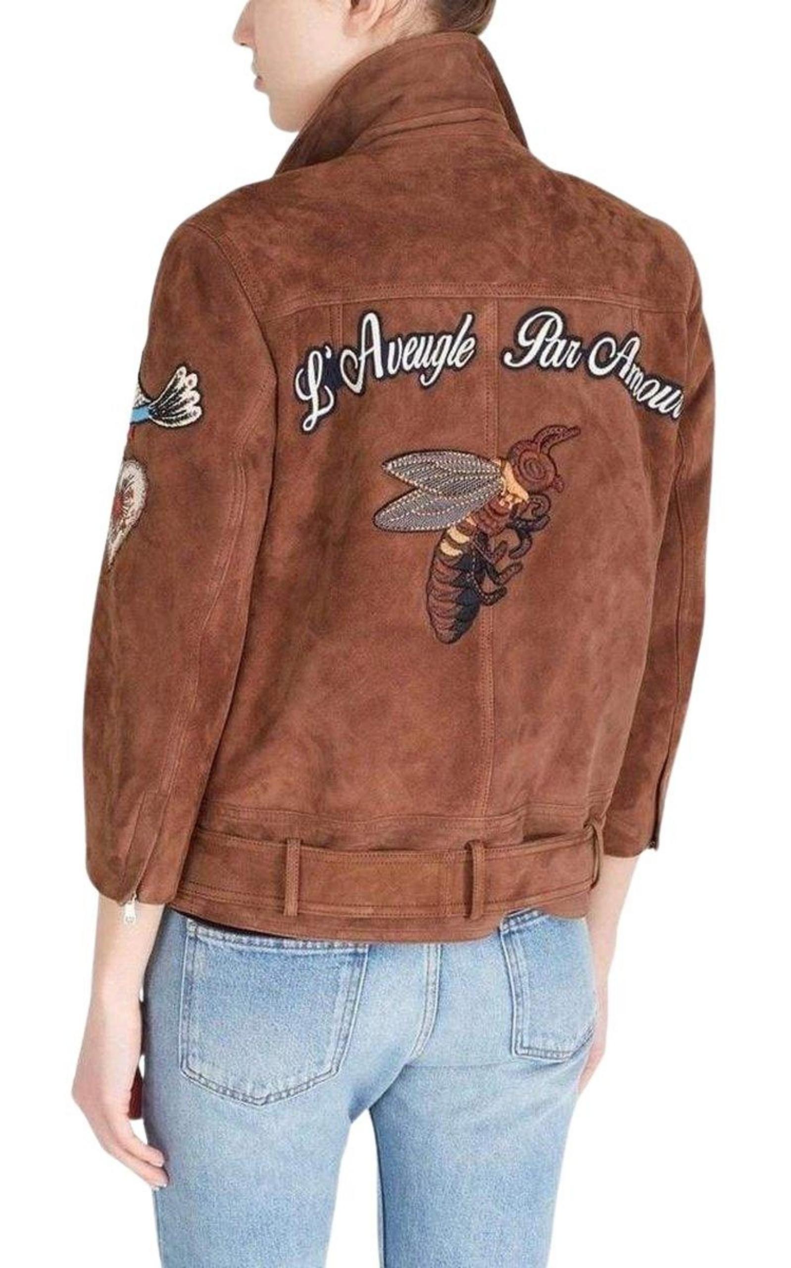 Patches Embroidered Suede Jacket Gucci