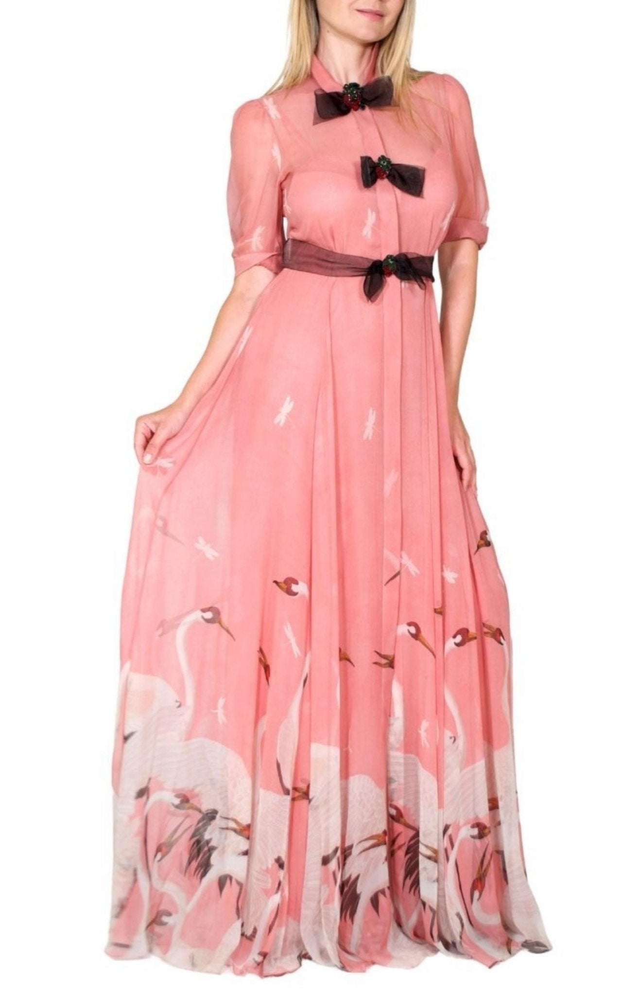 Gucci Pink Swan Print Dress with Bows on the Front - Runway Catalog