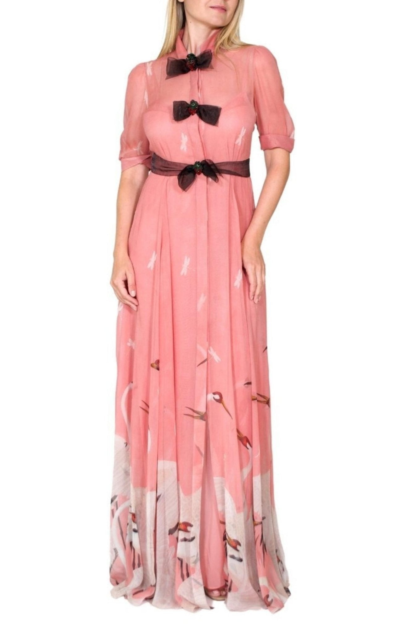 Gucci Pink Swan Print Dress with Bows on the Front - Runway Catalog