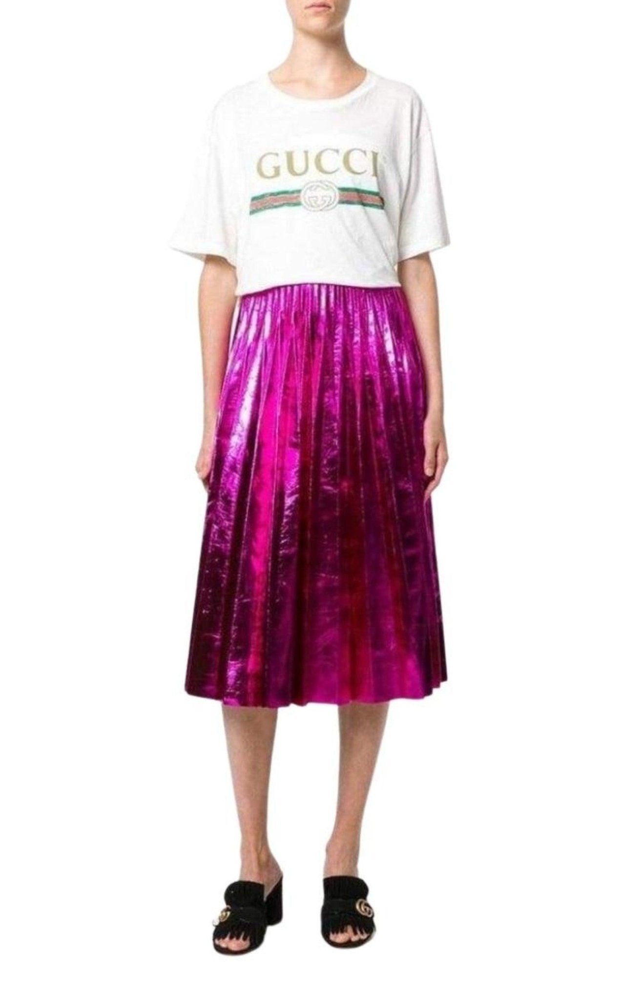 Gucci Pleated Metallic Leather Midi Skirt - Runway Catalog