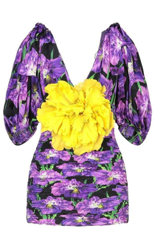 Purple Floral Pattern Silk Dress Gucci