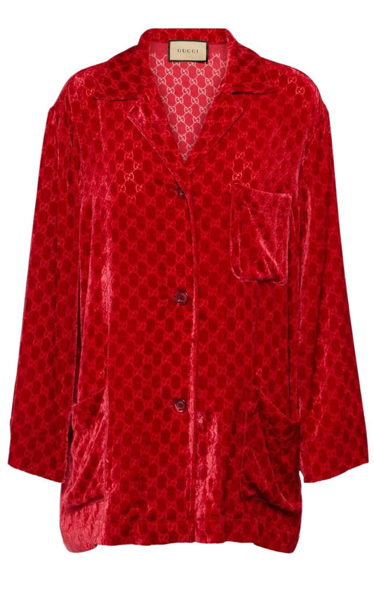 Gucci GG embossed velvet shirt red front view