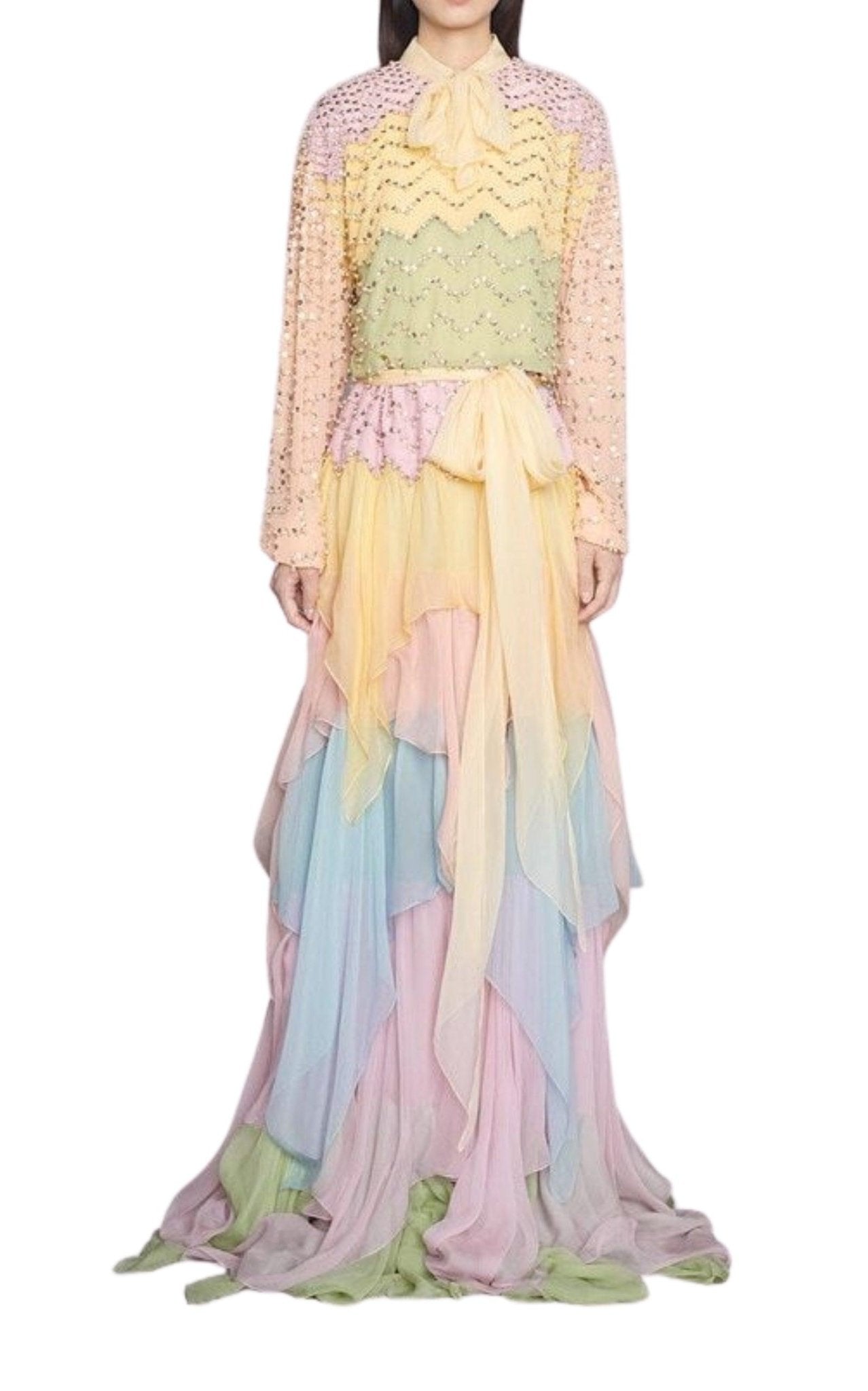 Gucci Ruffled Silk Gown Embellished with Pearls & Rhinestones - Runway Catalog