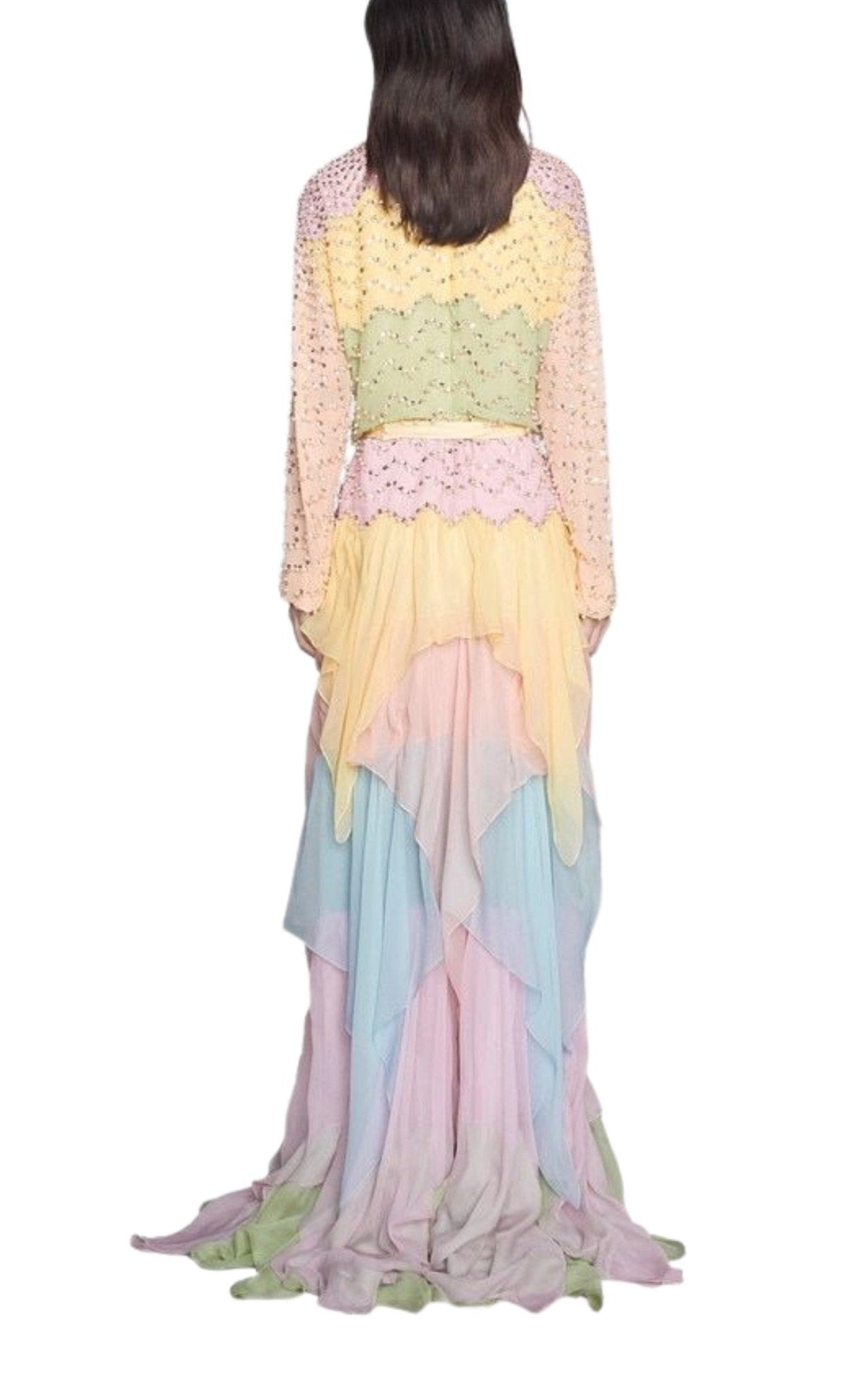 Gucci Ruffled Silk Gown Embellished with Pearls & Rhinestones - Runway Catalog