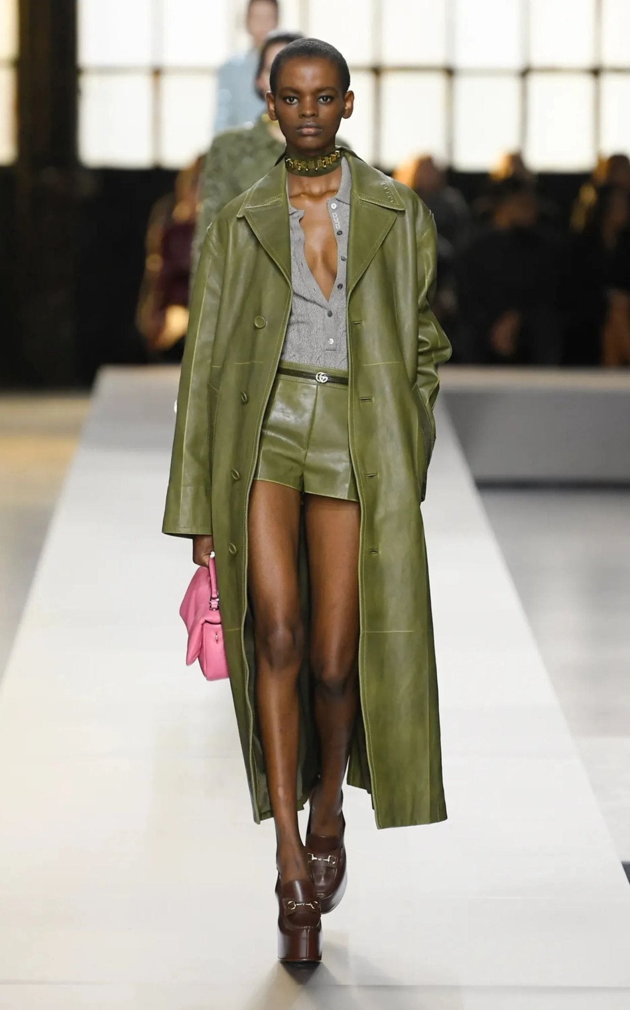 Gucci Runway Military Green Leather Overcoat - Winter 2024 Collection - Runway Catalog