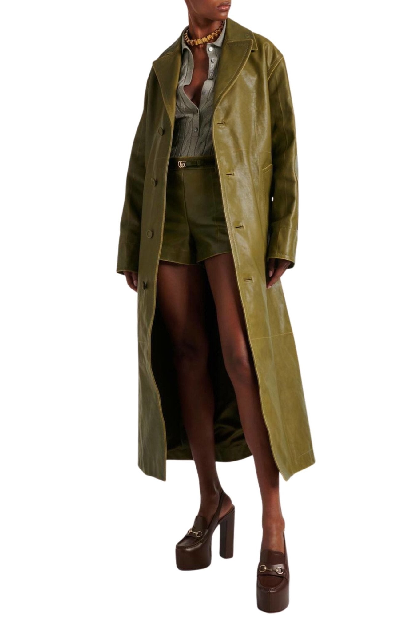 Gucci Runway Military Green Leather Overcoat - Winter 2024 Collection - Runway Catalog