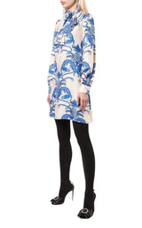 Silk Dragon Print Twill Ruffle Neck Dress Gucci