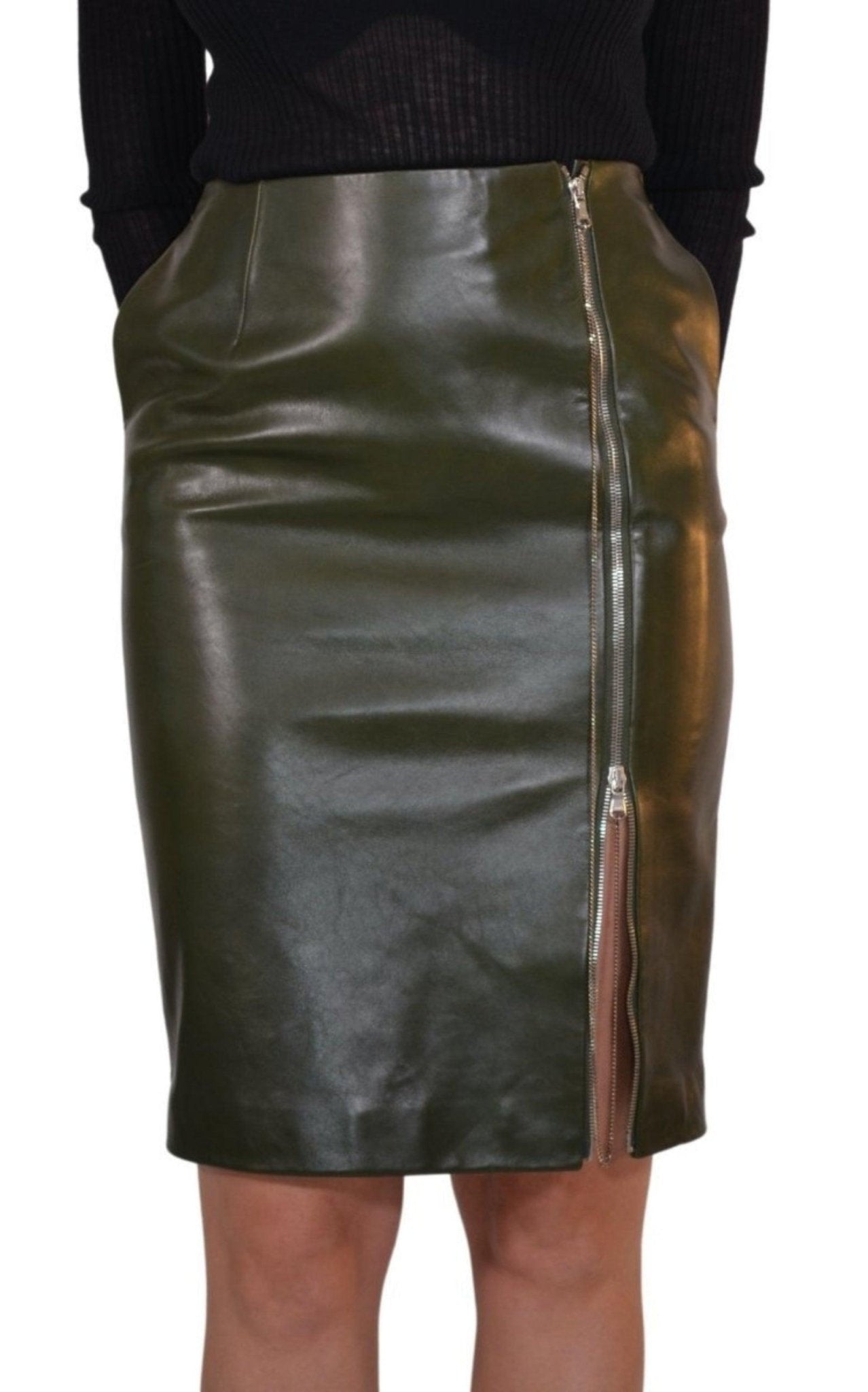 Jean Paul Gaultier Dark Olive Green Front Zipper Leather Skirt - Runway Catalog