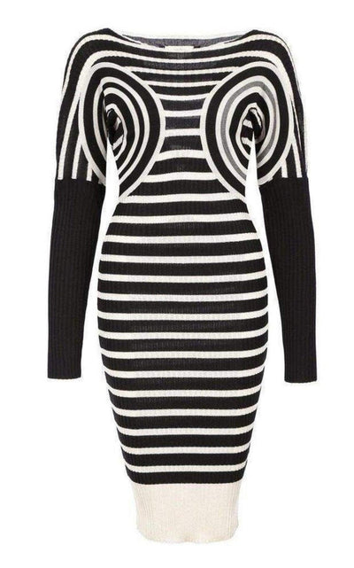 Jean Paul Gaultier Mixed Wool Striped Optical Illusion Dress - Runway Catalog