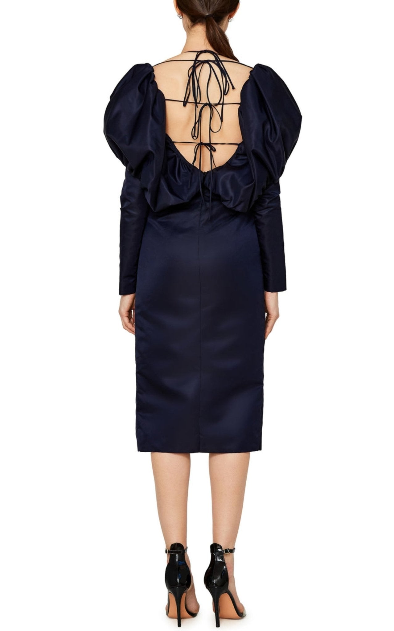 LaQuan Smith Faille Halter Neck Puff Sleeve Midi Dress - Runway Catalog