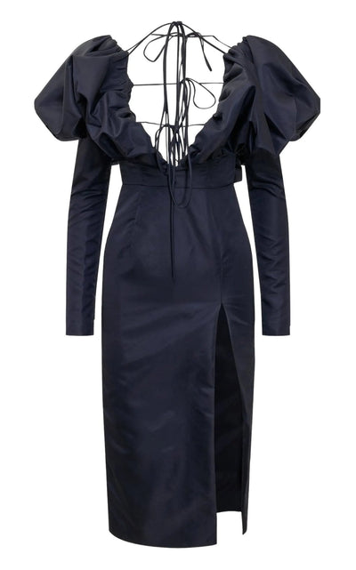 LaQuan Smith Faille Halter Neck Puff Sleeve Midi Dress - Runway Catalog