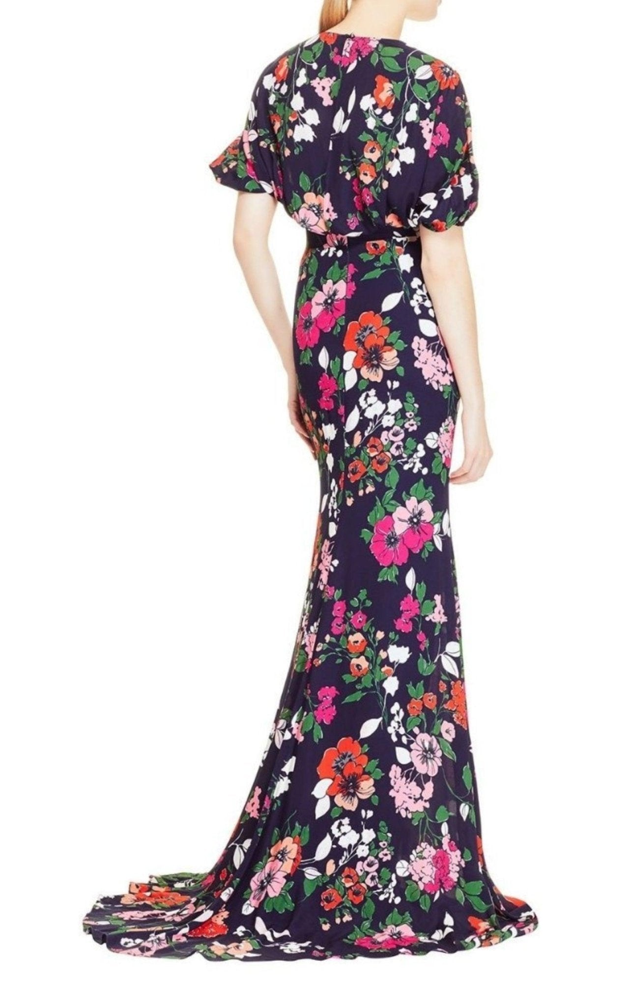 Lela Rose Floral Printed Georgette V - Neck Gown - Runway Catalog