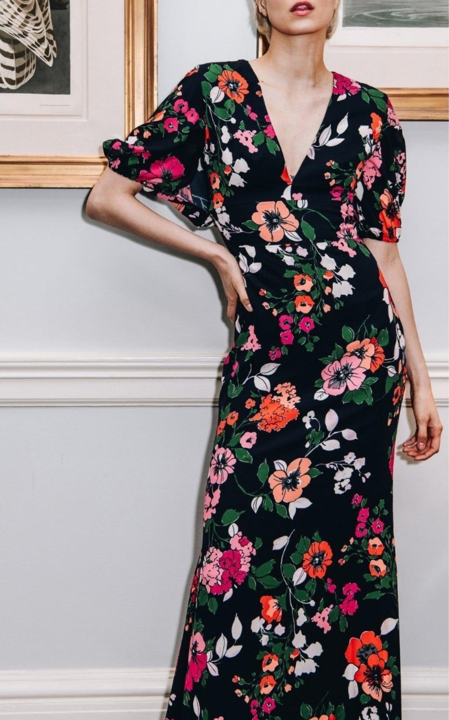 Floral Printed Georgette V-Neck Gown Lela Rose