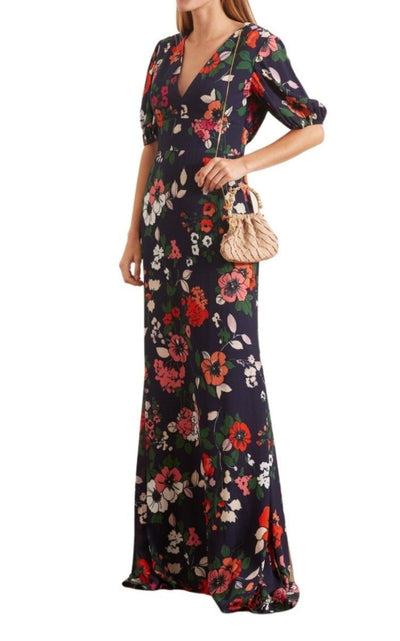 Lela Rose Floral Printed Georgette V - Neck Gown - Runway Catalog