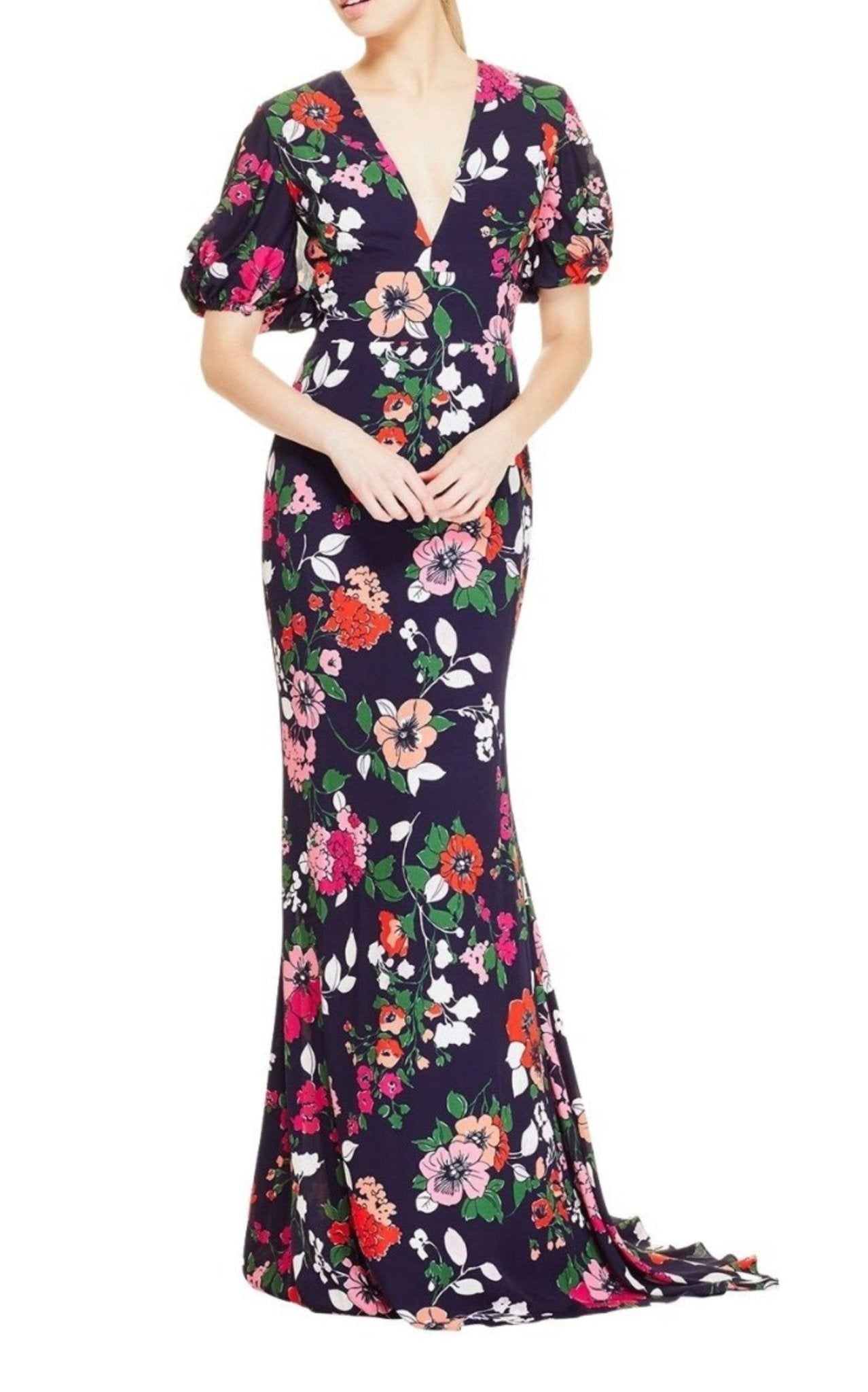 Lela Rose Floral Printed Georgette V - Neck Gown - Runway Catalog