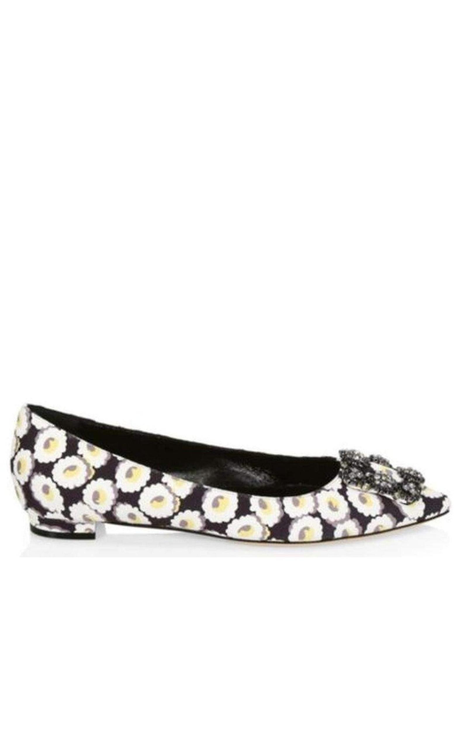 Crystal Brooch Floral Print Flats MANOLO BLAHNIK