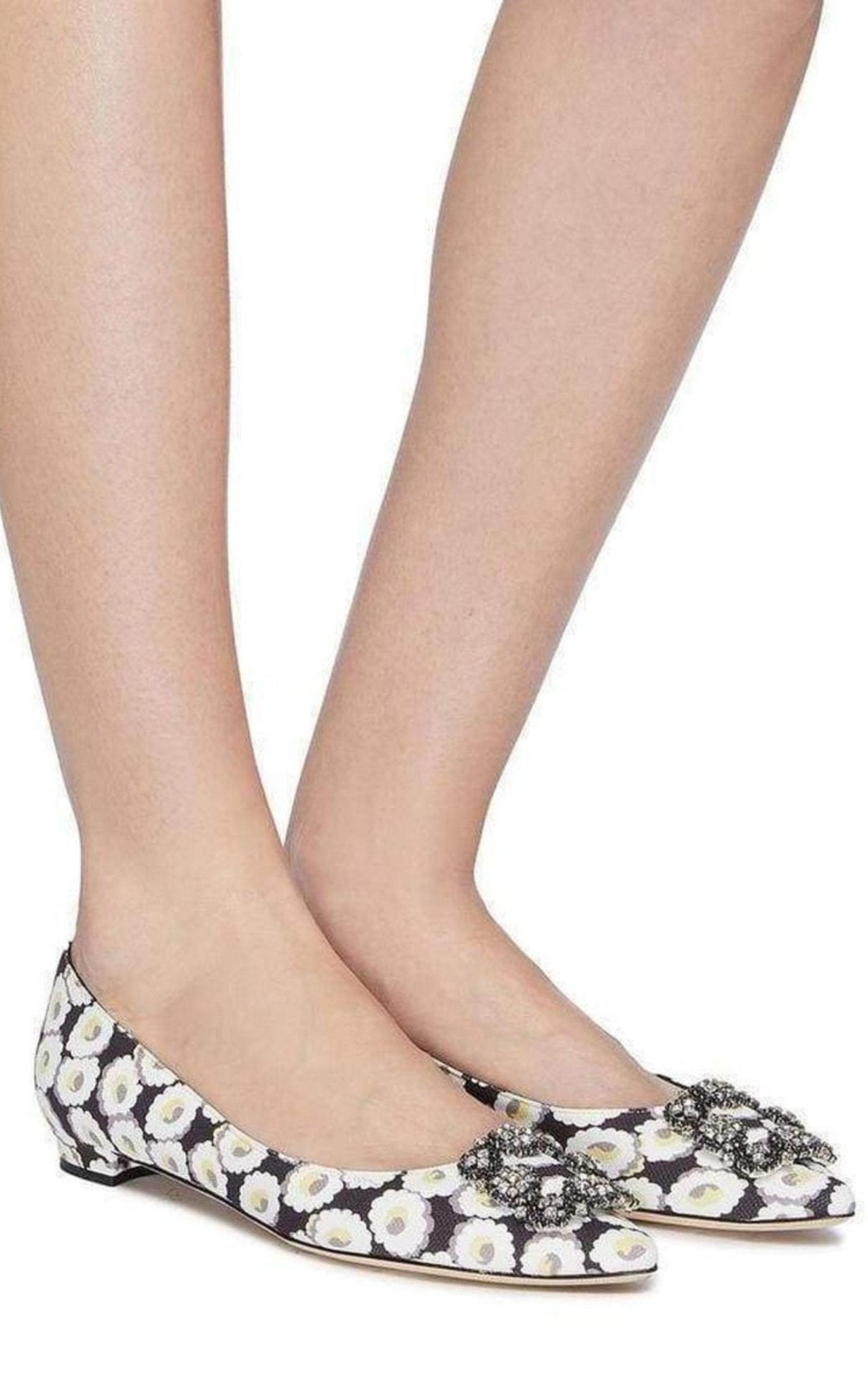 MANOLO BLAHNIK Crystal Brooch Floral Print Flats - Runway Catalog