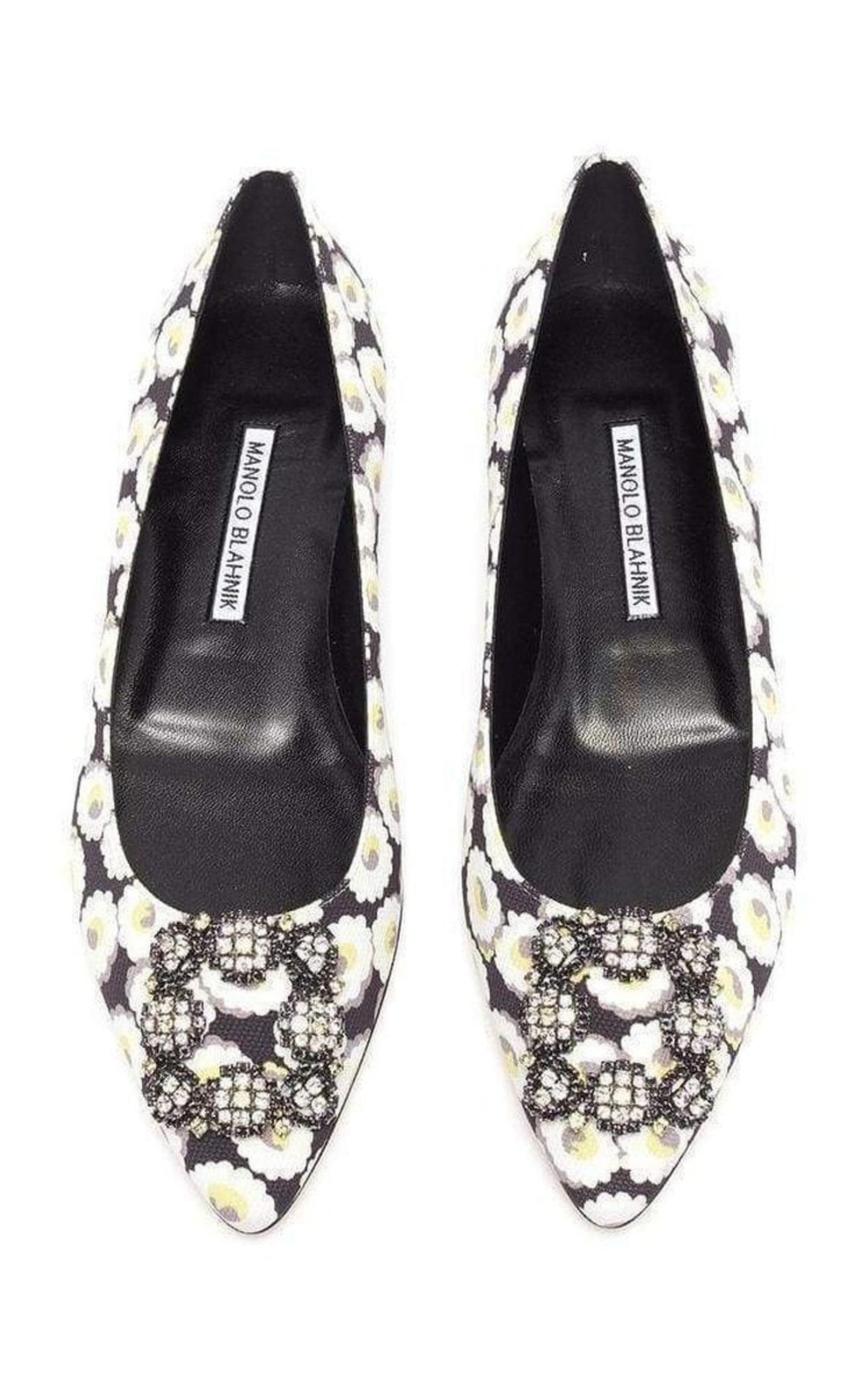 Crystal Brooch Floral Print Flats MANOLO BLAHNIK