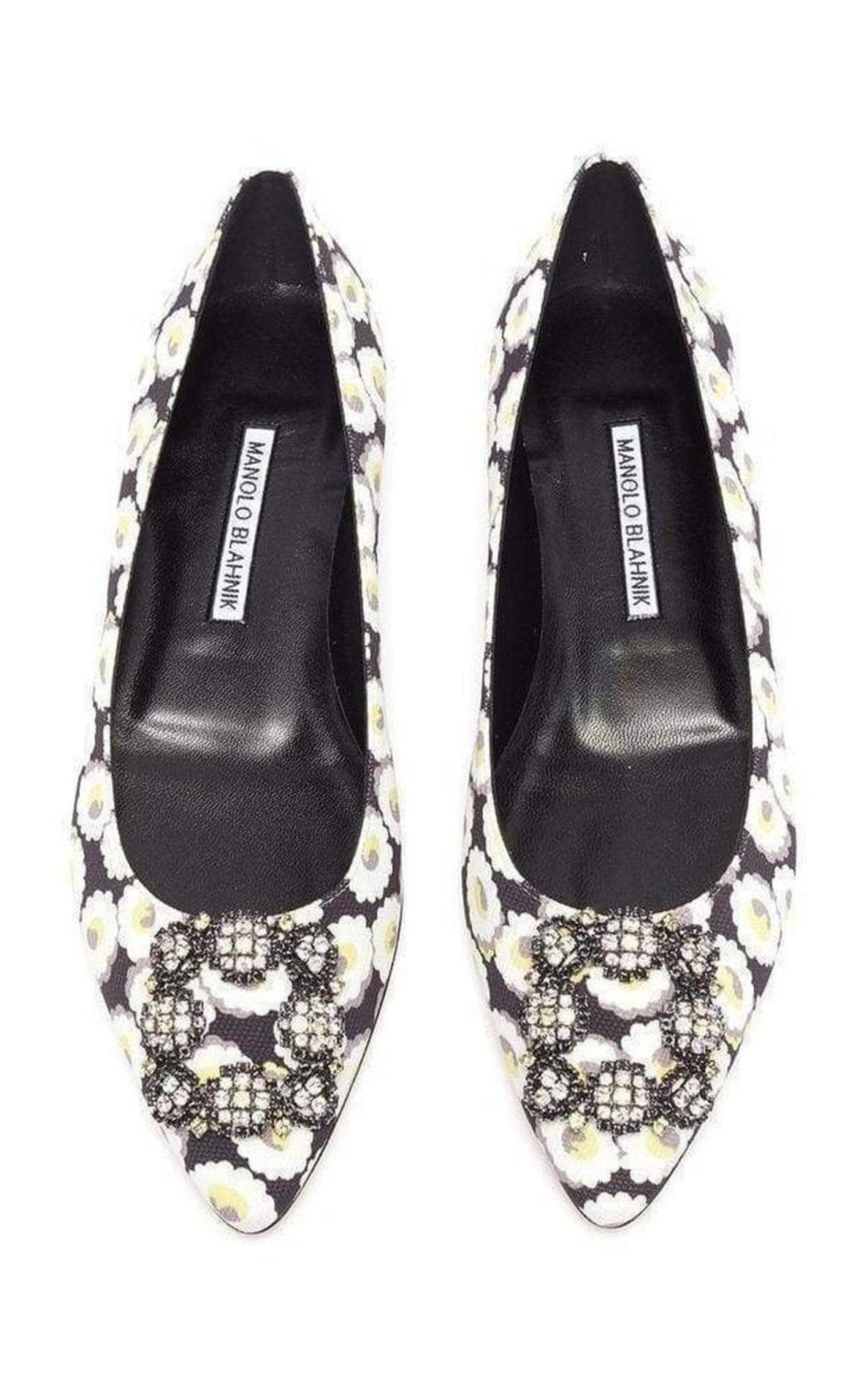 MANOLO BLAHNIK Crystal Brooch Floral Print Flats - Runway Catalog