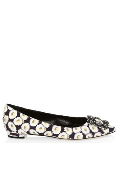 MANOLO BLAHNIK Crystal Brooch Floral Print Flats - Runway Catalog