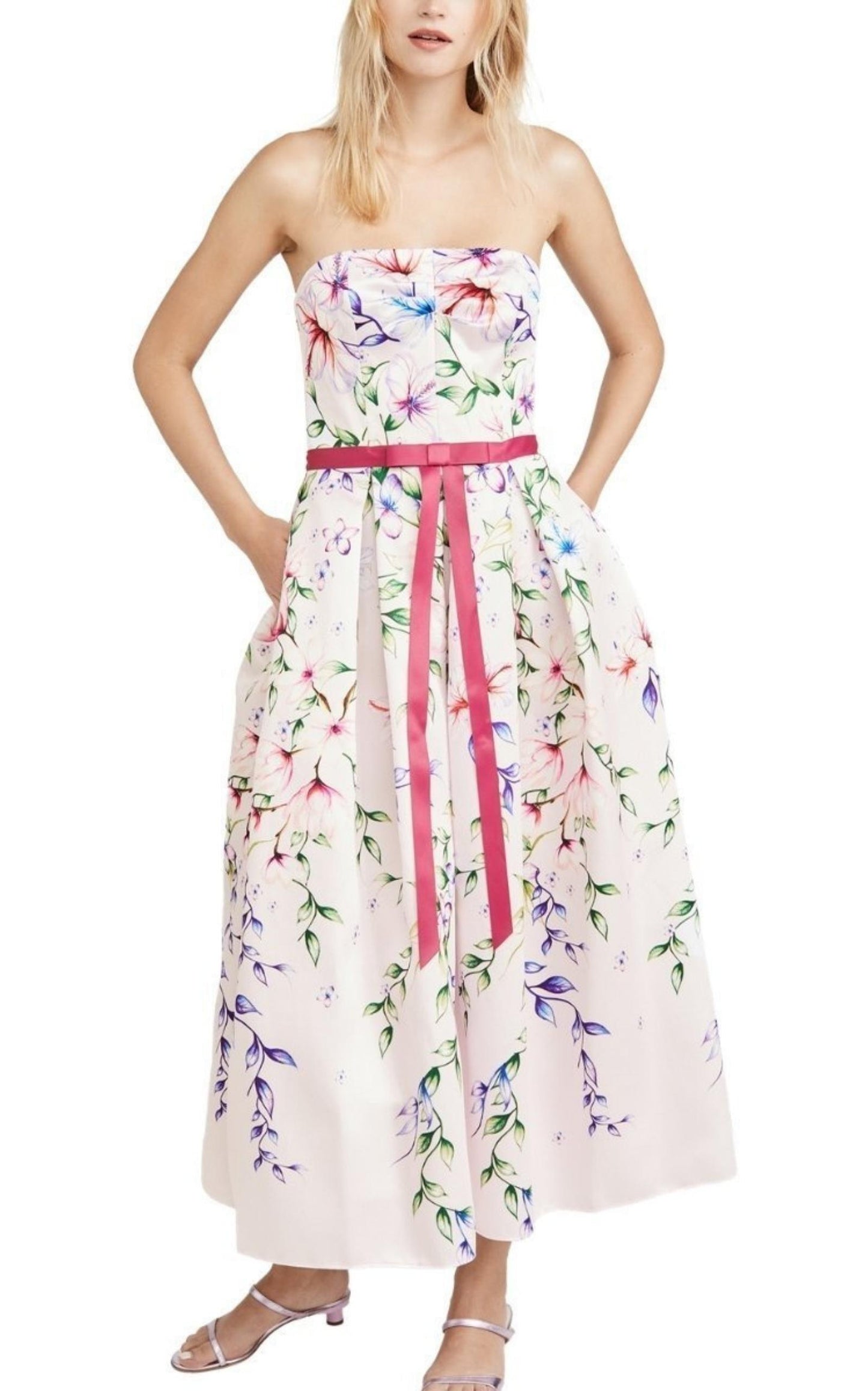 Strapless Printed Mikado Corseted Gown Marchesa Notte