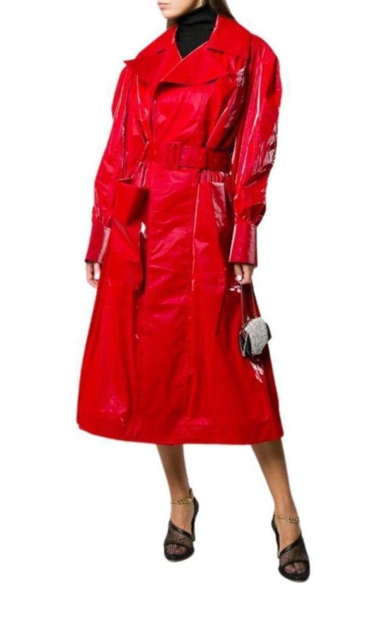 Mugler Belted Glossy Red Trench Coat - Runway Catalog