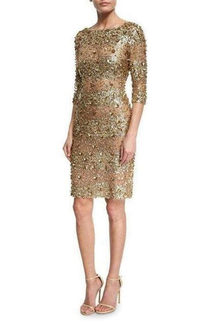 Naeem Khan Beaded Gold Fitted Cocktail Dress Naeem Khan