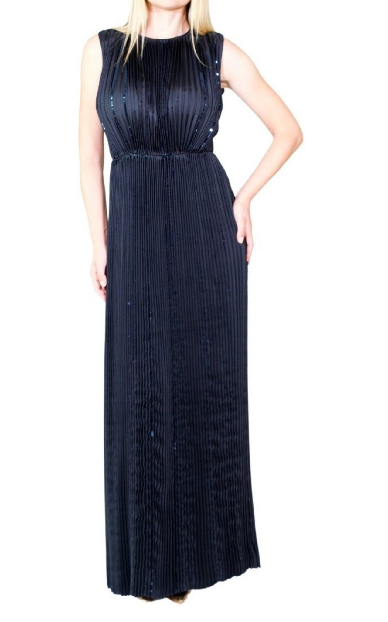 Nina Ricci Black Pleated Sequin Embellished Maxi Silk Gown - Runway Catalog