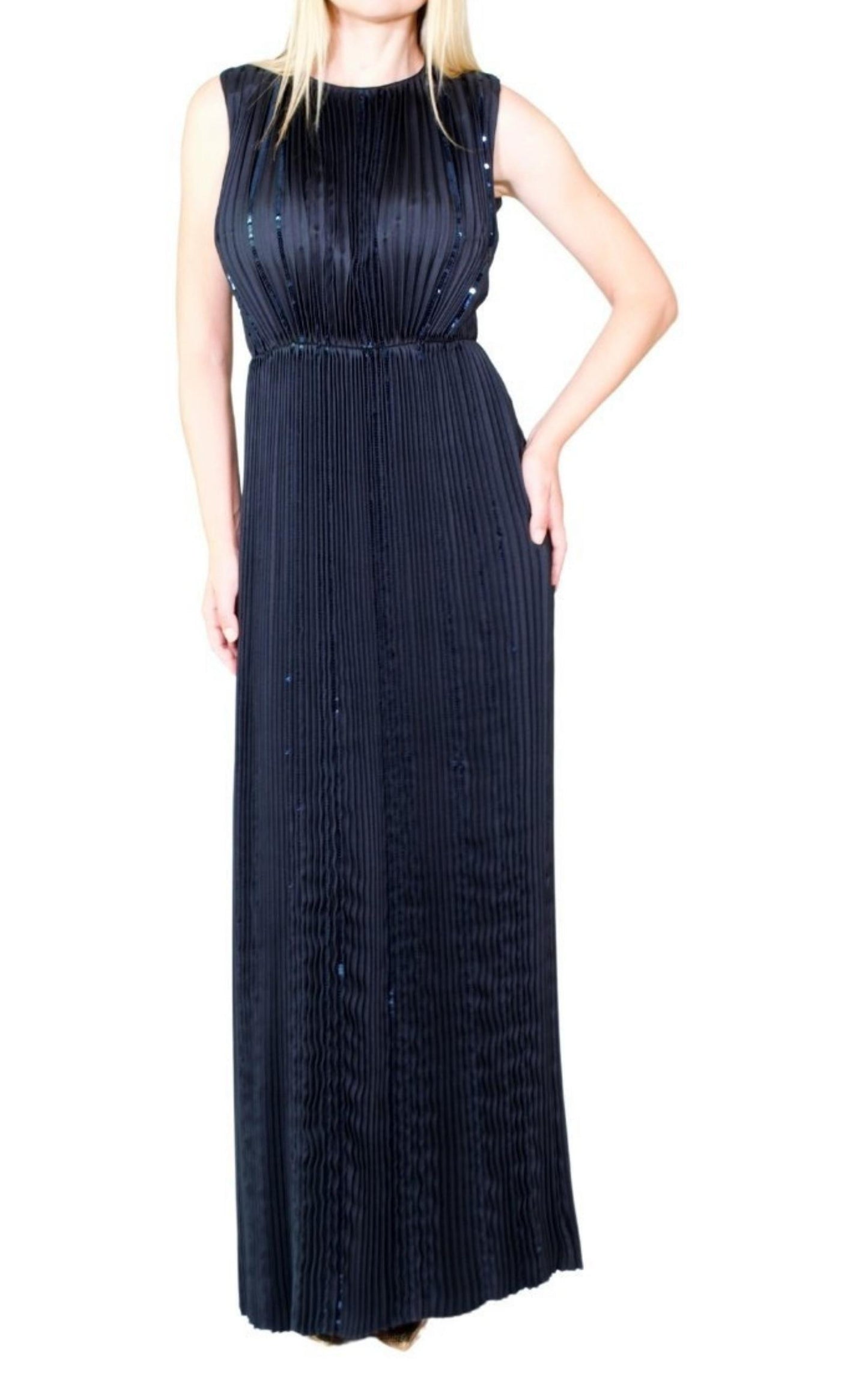 Black Pleated Sequin Embellished Maxi Silk Gown Nina Ricci