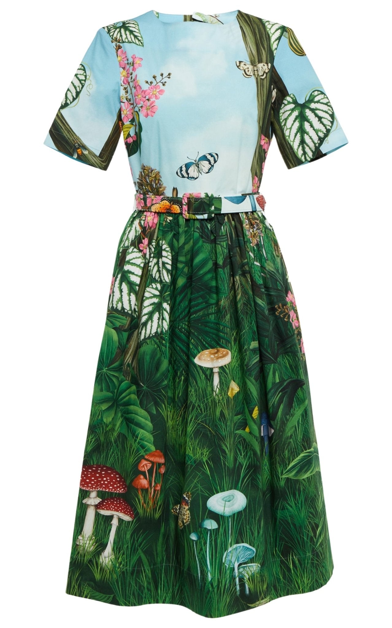 Oscar de la Renta Botanical Forest Print Stretch Poplin Midi Dress - Runway Catalog